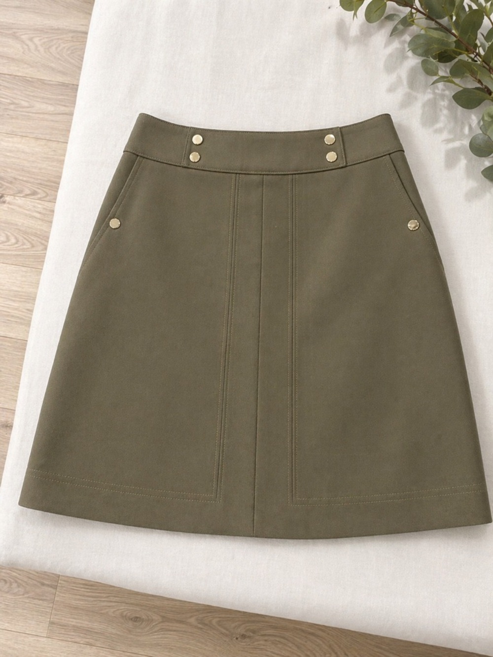 H&M Olive A-Line Mini Skirt with Gold-Tone Studs